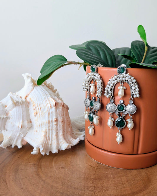 Veera Oxidized Silver Chandbali Jhumka - Green