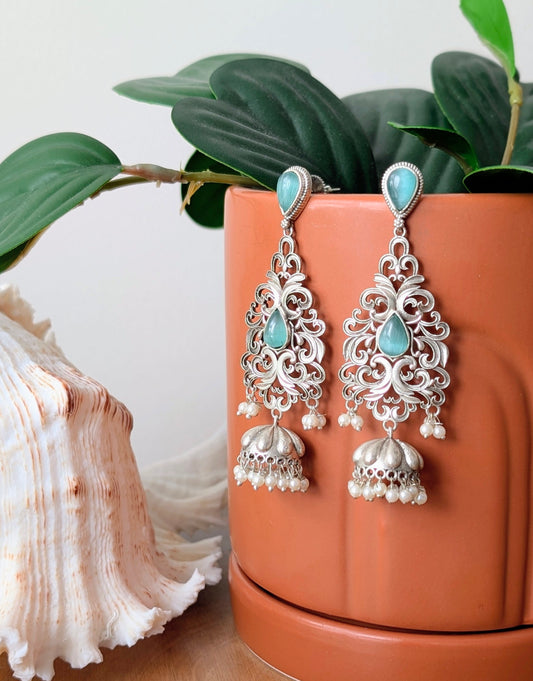 Ella Oxidized Silver Chandbali Jhumka - Mint
