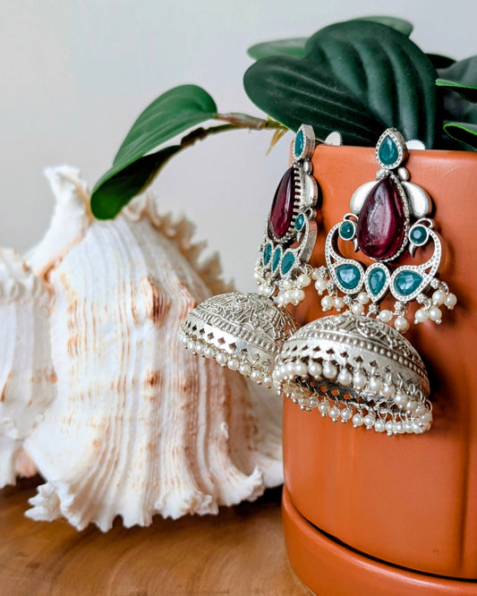 Chhavi Oxidized Silver Jhumka - Red & Green