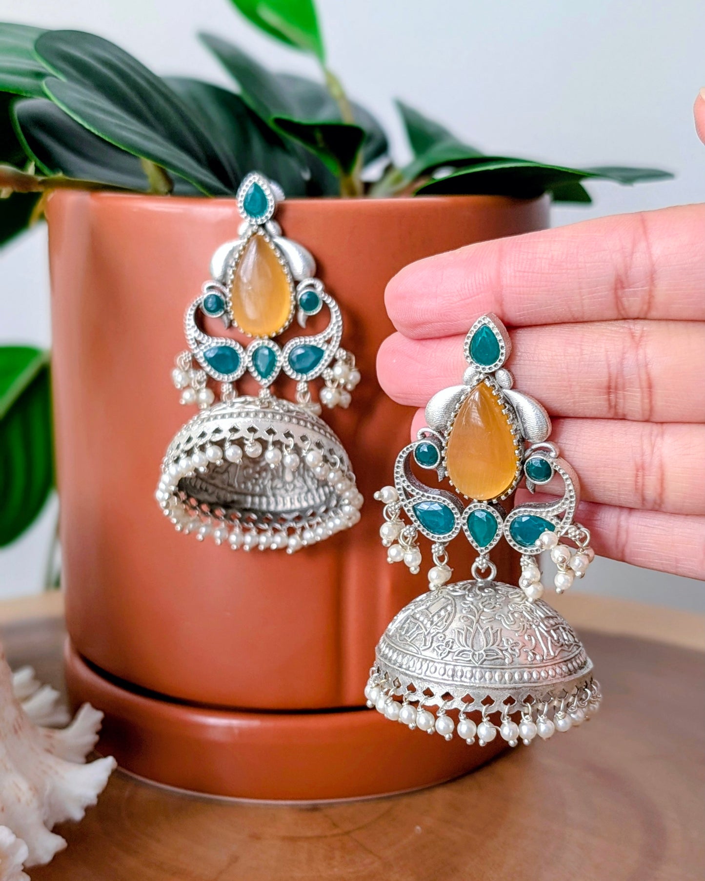 Chhavi Oxidized Silver Jhumka - Yellow & Green