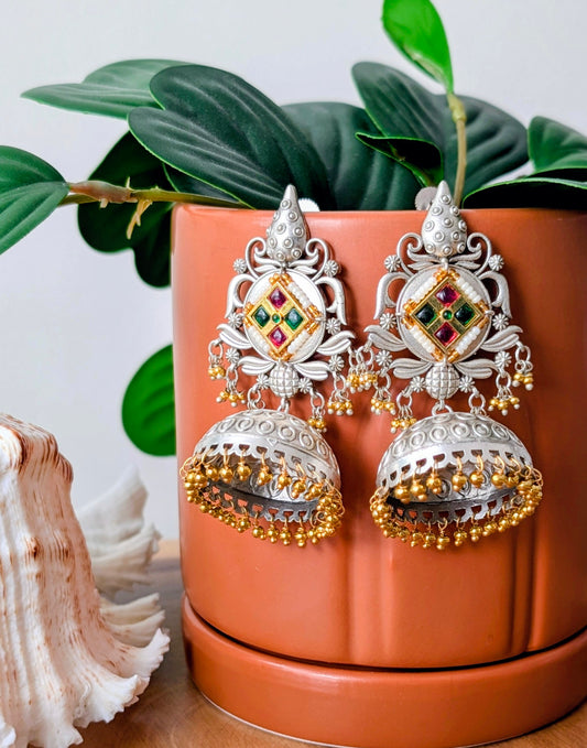 Diya Oxidized Silver Kundan Jhumka