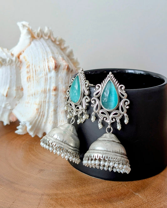 Guneet Oxidized Silver Jhumka - Mint