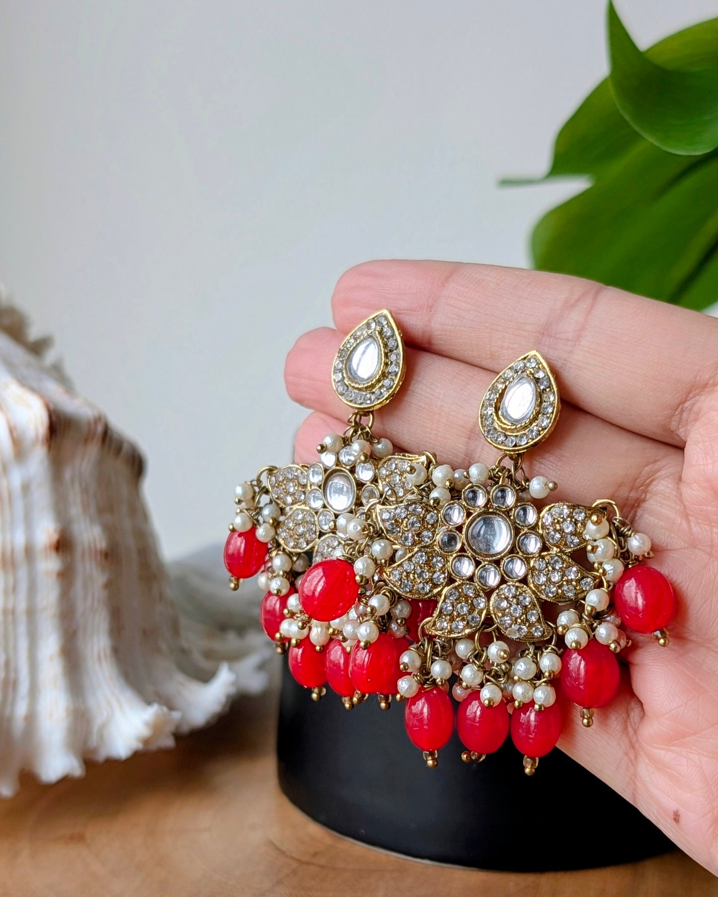 Sharmeen Antique Golden Chandbali Earrings - Red