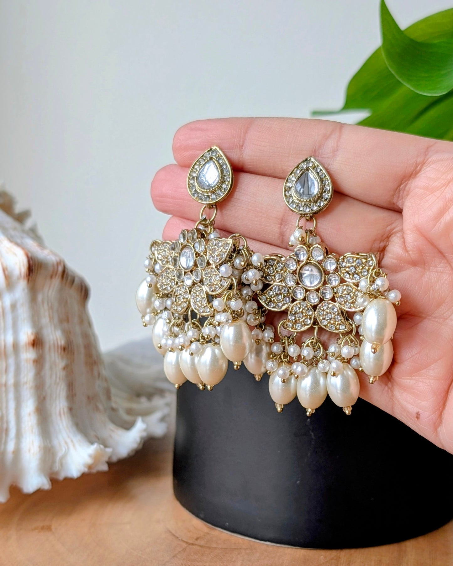 Sharmeen Antique Golden Chandbali Earrings - White