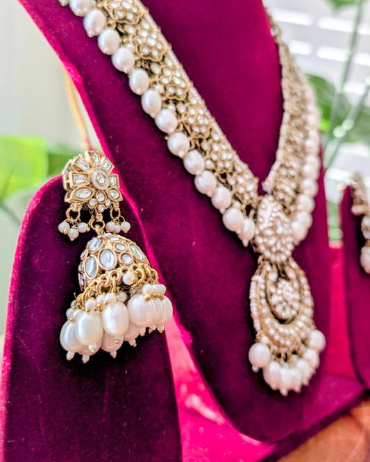 Raveen Long Pearl Kundan Necklace - White