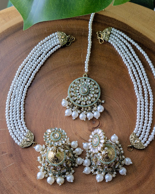 Gauravi Jadau Jhumki Tikka Set - Mint