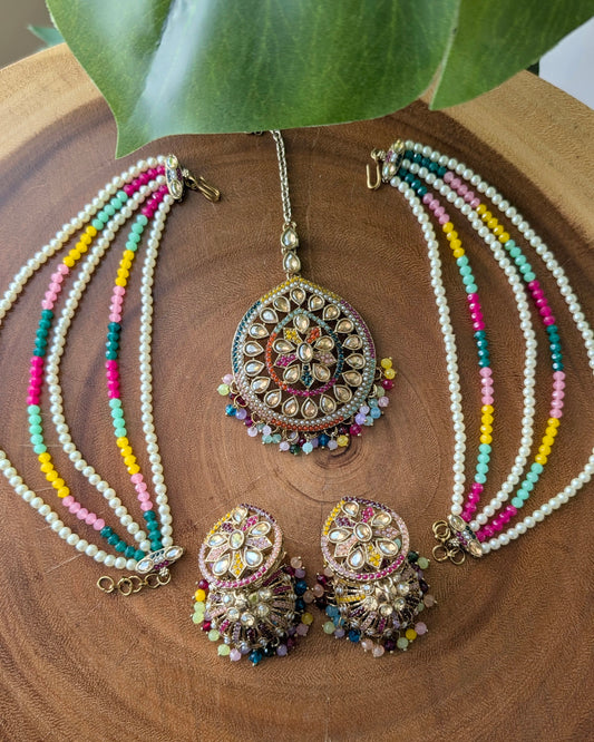 Mona Jadau Jhumki Tikka Set - Multi