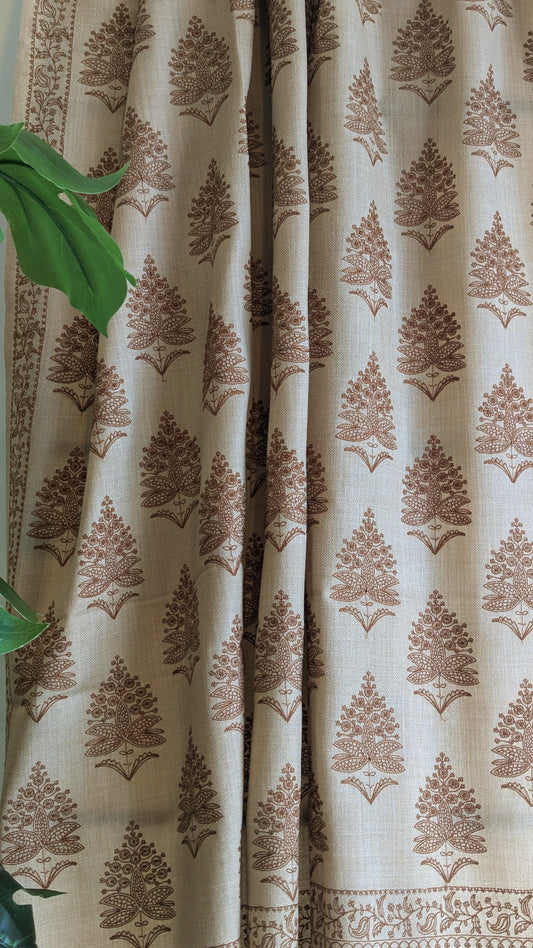 Unisex Semi Pashmina Woolen Embroidery Shawl - Brown