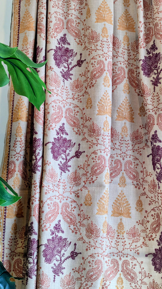 Unisex Semi Pashmina Woolen Embroidery Shawl - Brown