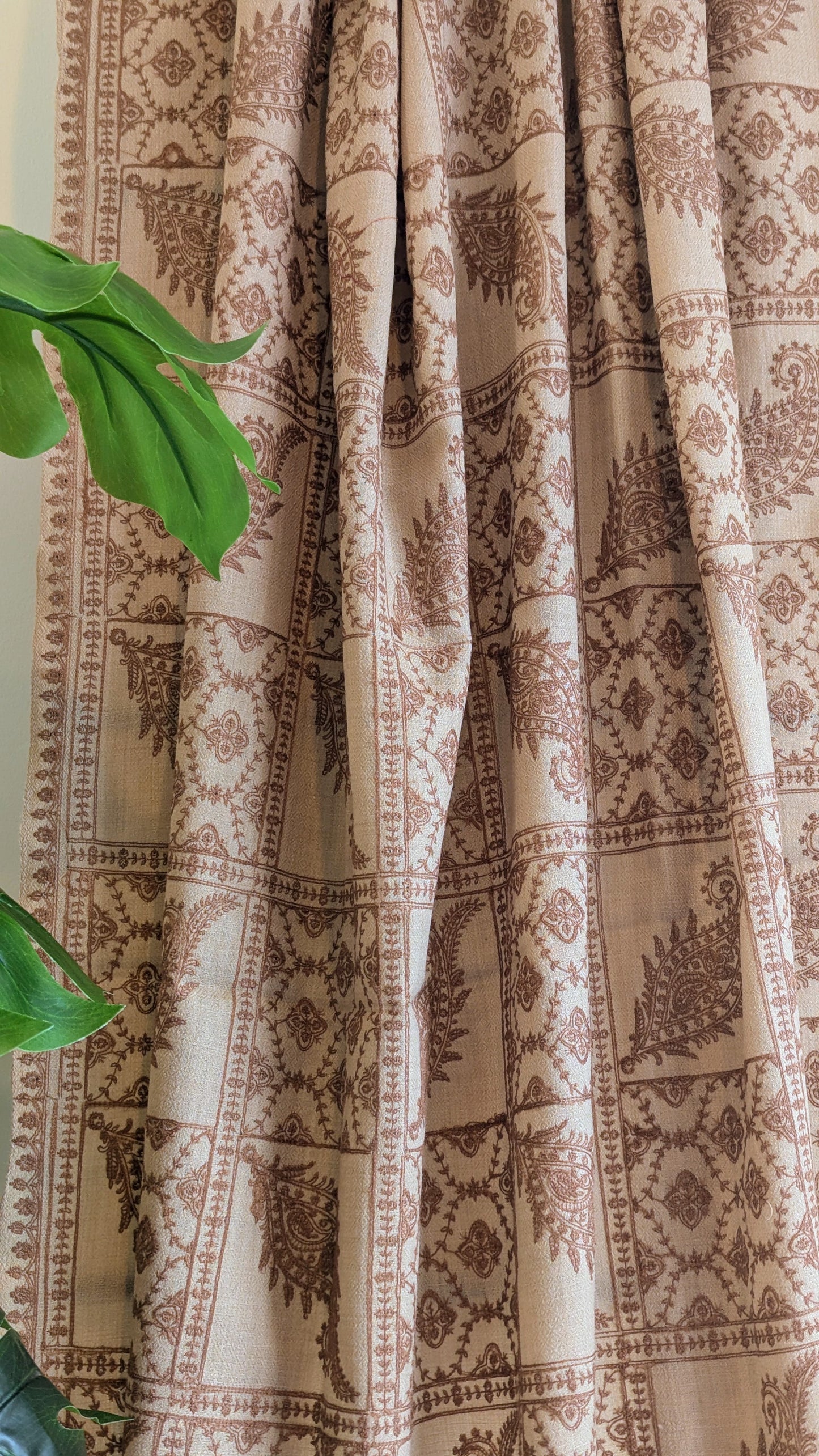 Unisex Semi Pashmina Woolen Embroidery Shawl - Brown