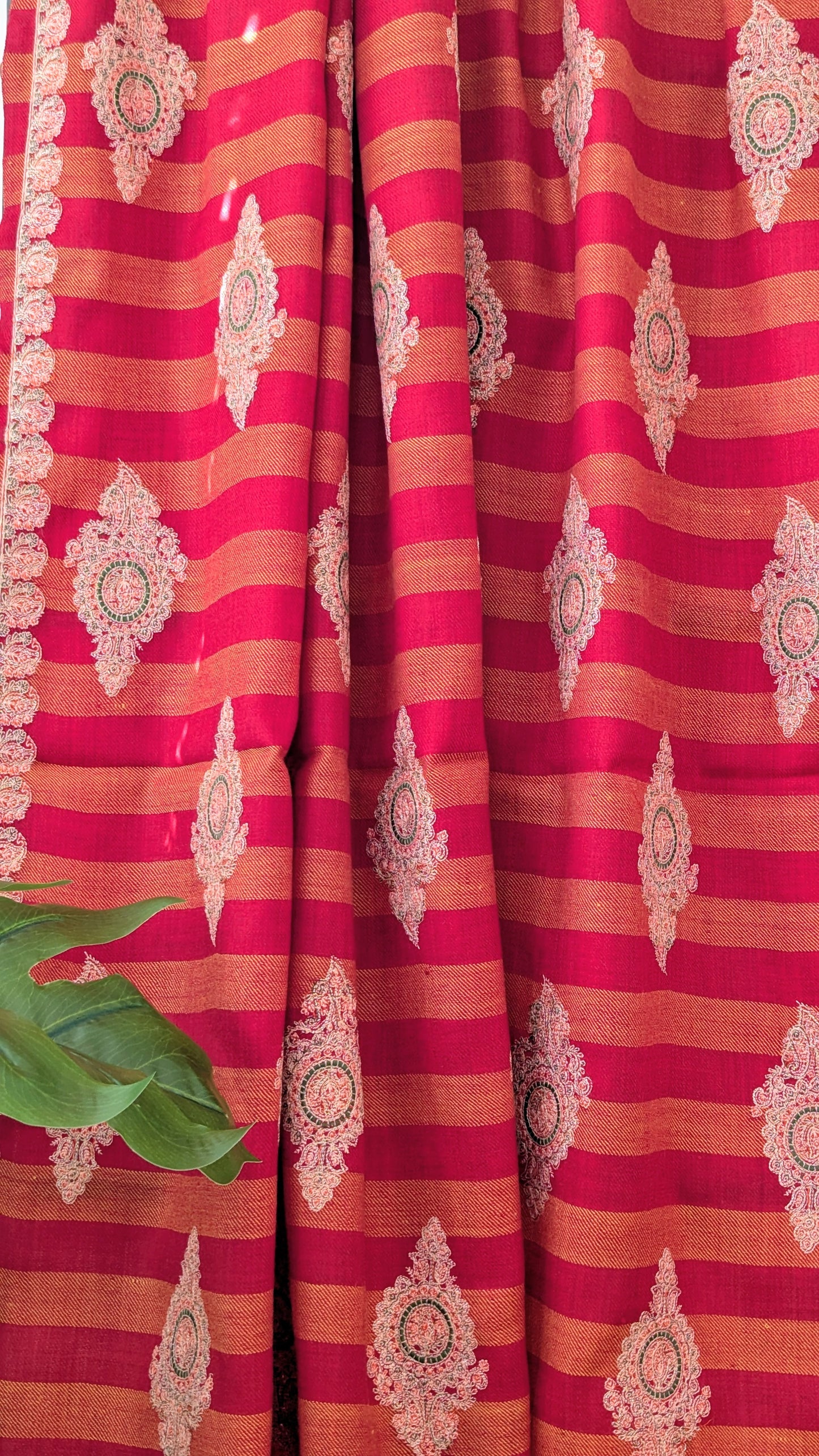 Red Embroidery Striped Woolen Shawl