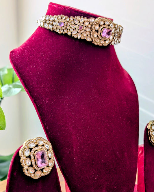 Premium Polki Choker with Earrings - Lilac
