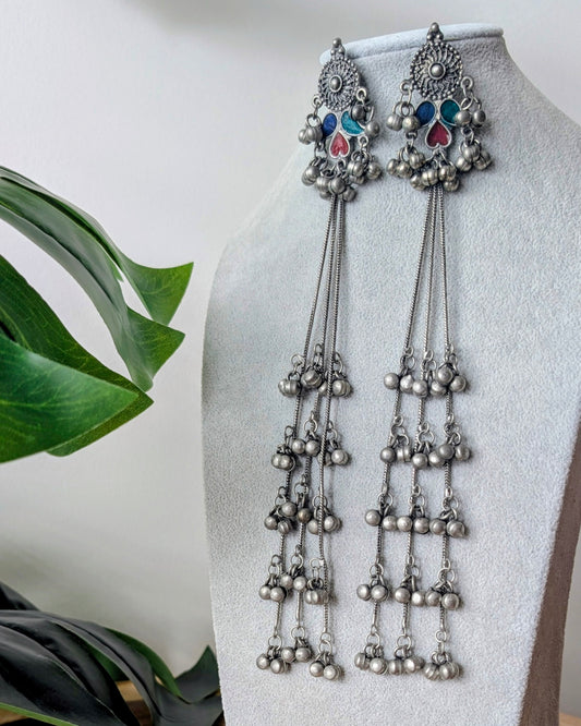 Oxidized Silver Long Kashmiri Jhumka Earrings