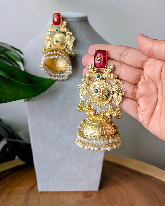 Statement Red Stone Brass Jhumka Earrings