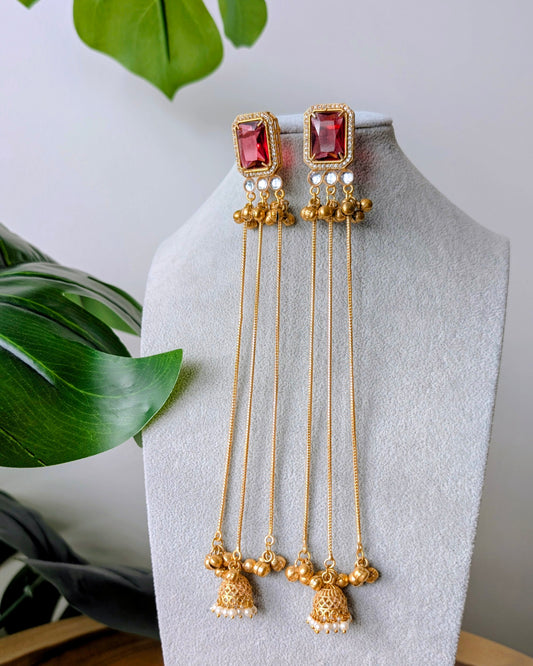 Long Kashmiri Ghungroo Earrings - Red