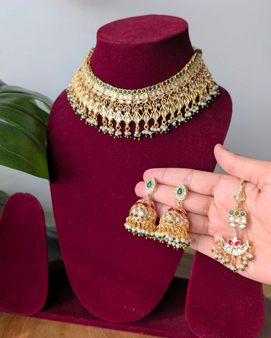 Jadau Kundan Choker Necklace - Red Green