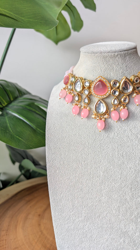 Dherya Premium Kundan Choker Necklace - Soft Pink