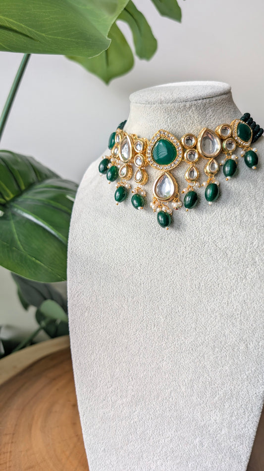 Dherya Premium Kundan Choker Necklace - Dark Green