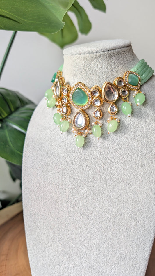 Dherya Premium Kundan Choker Necklace - Mint Green