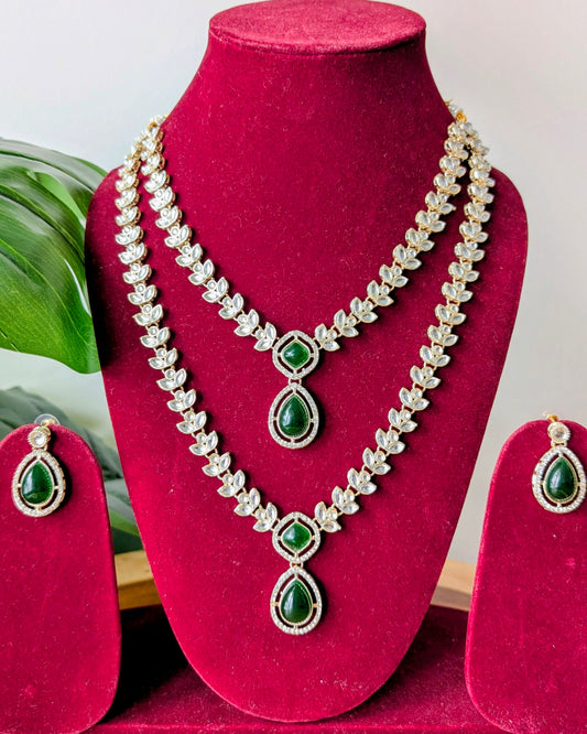 Tanvi Two Layer Long Kundan Necklace - Green