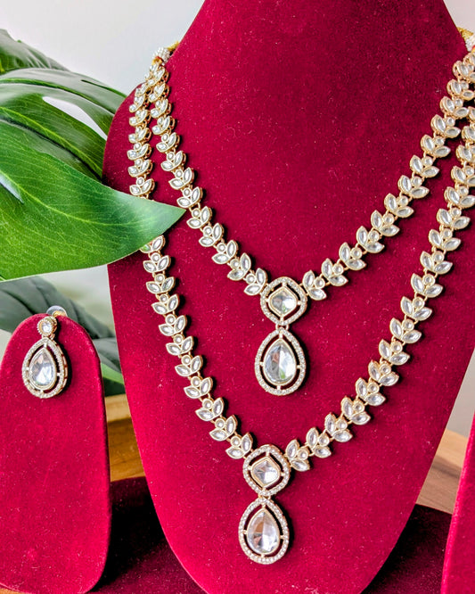 Tanvi Two Layer Long Kundan Necklace - Pearl