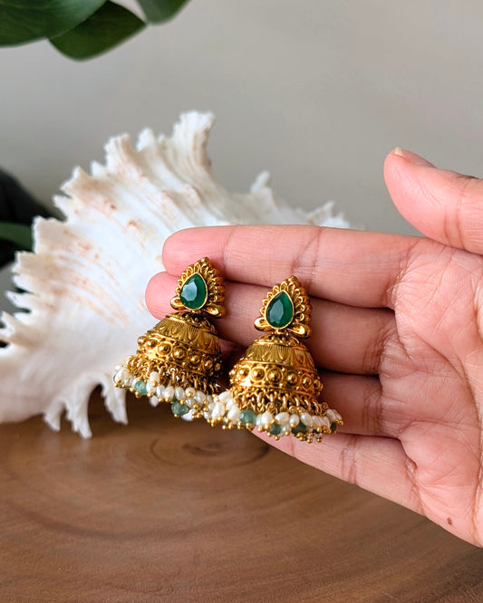 Premium Gold Plated Green Stone Jhumka