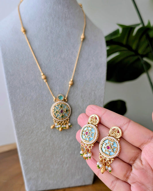 Shreni Heritage Pendant Necklace Set - Mint Blue
