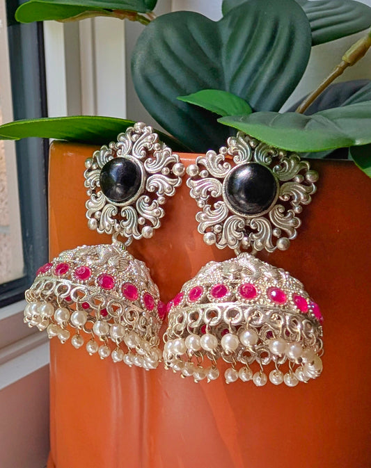Saba Oxidized Silver Jhumka - Black & Red