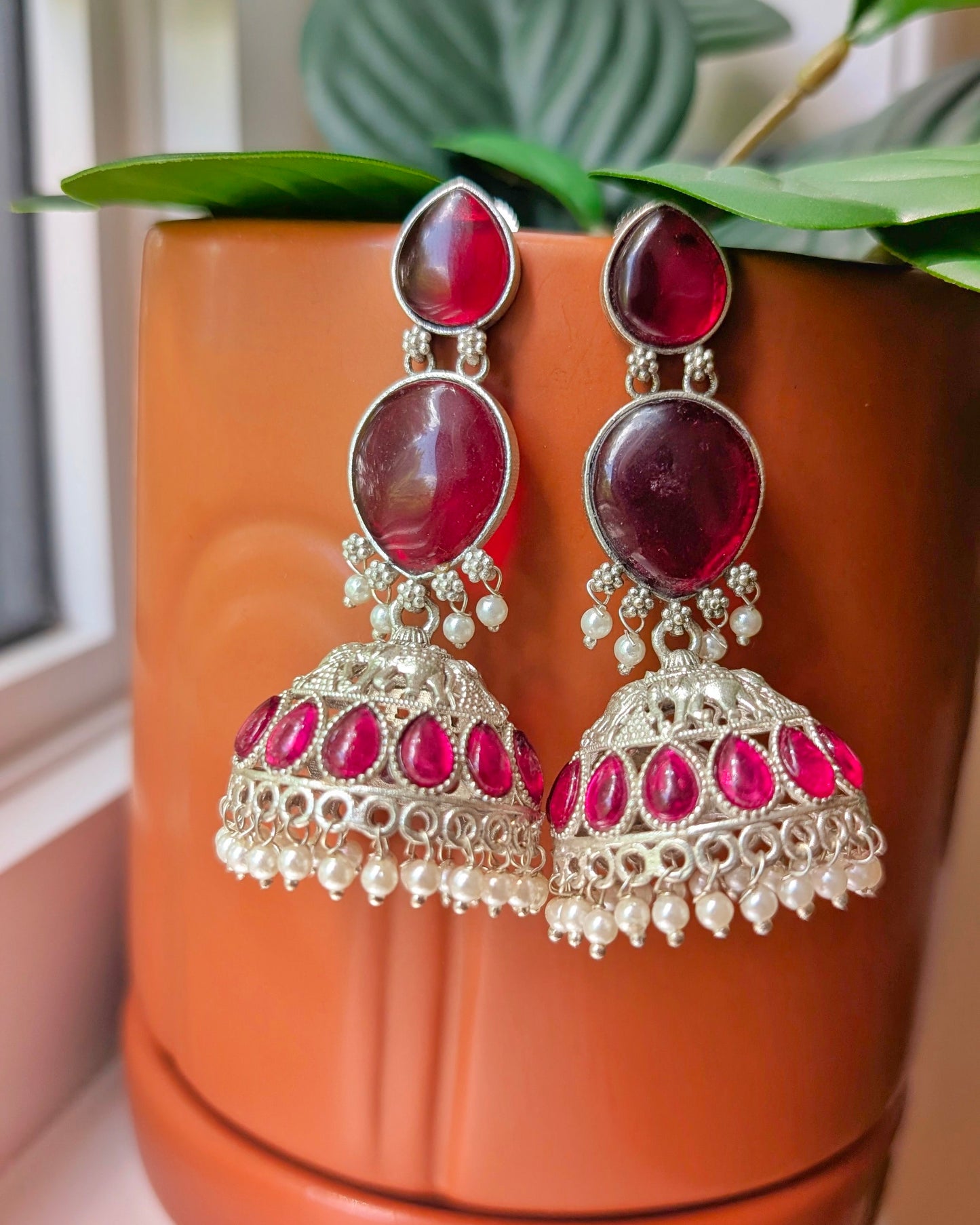 Priyanka Oxidized Silver Jhumka - Red