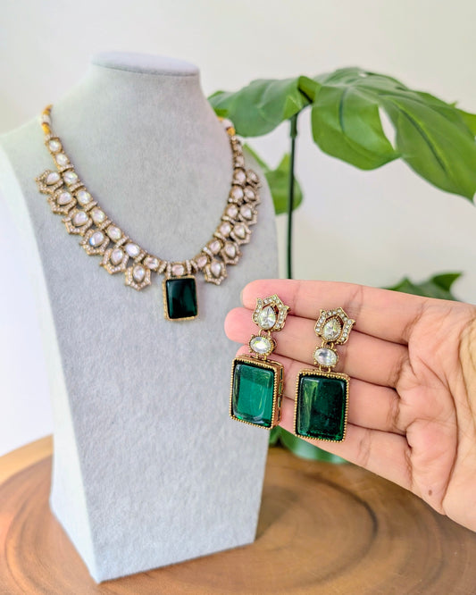 Vanshika Premium Polki Necklace with Earrings - Green