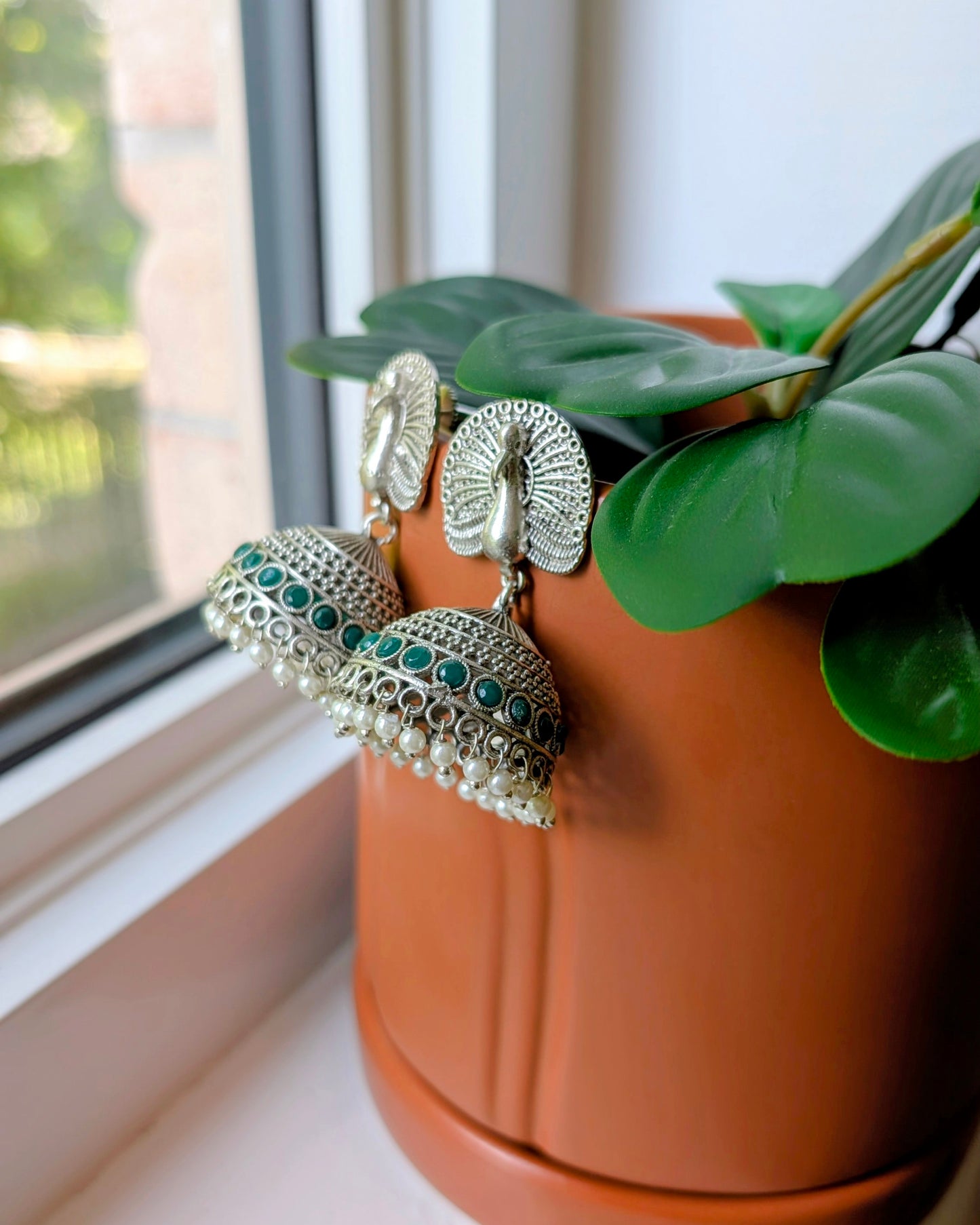 Dharna Oxidized Silver Peacock Jhumka - Green