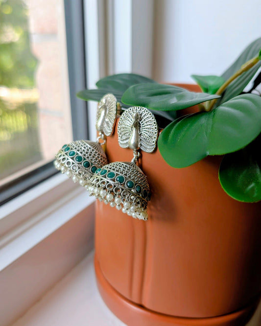 Dharna Oxidized Silver Peacock Jhumka - Green
