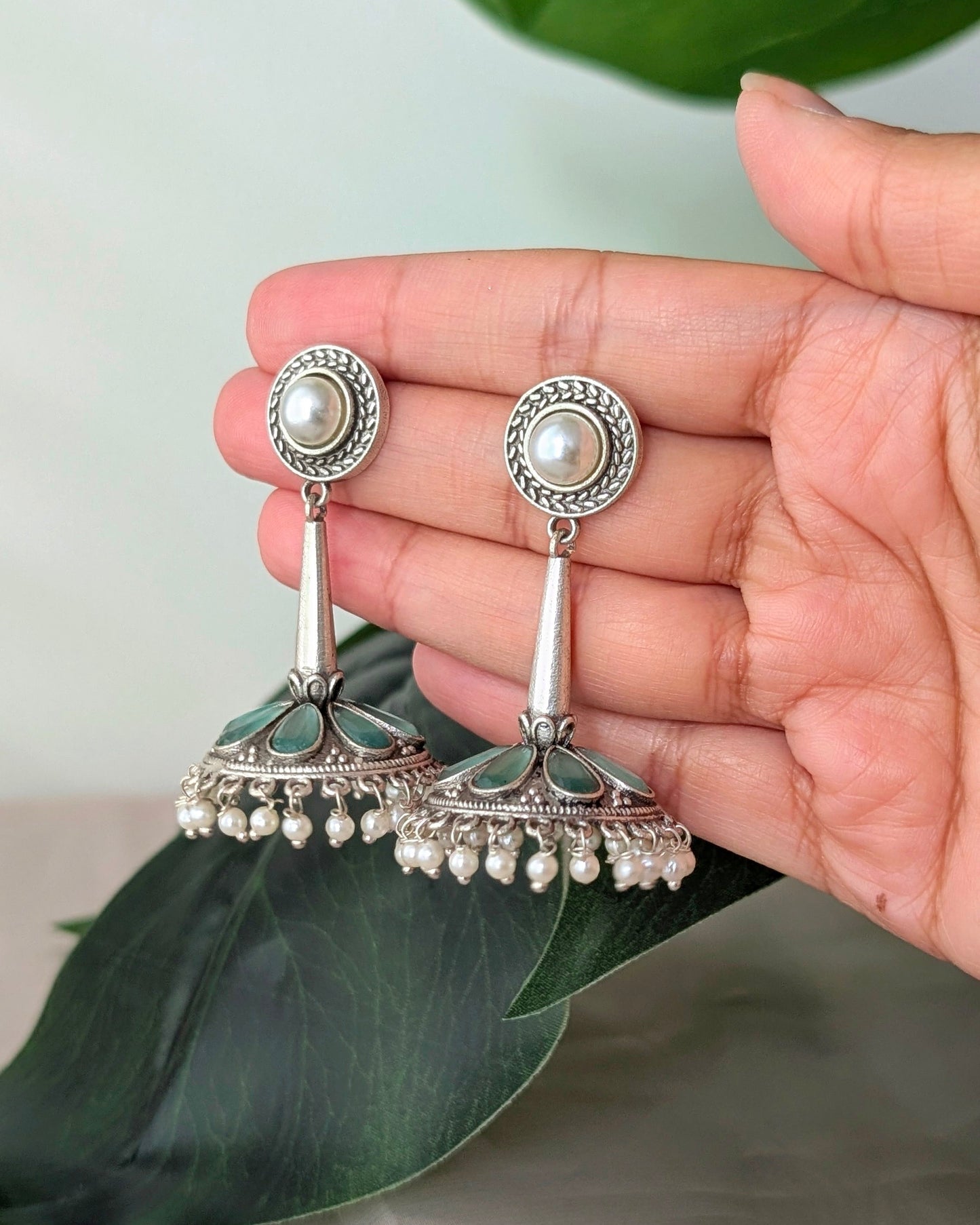 Statement Design Oxidized Silver Seher Earrings - Turquoise