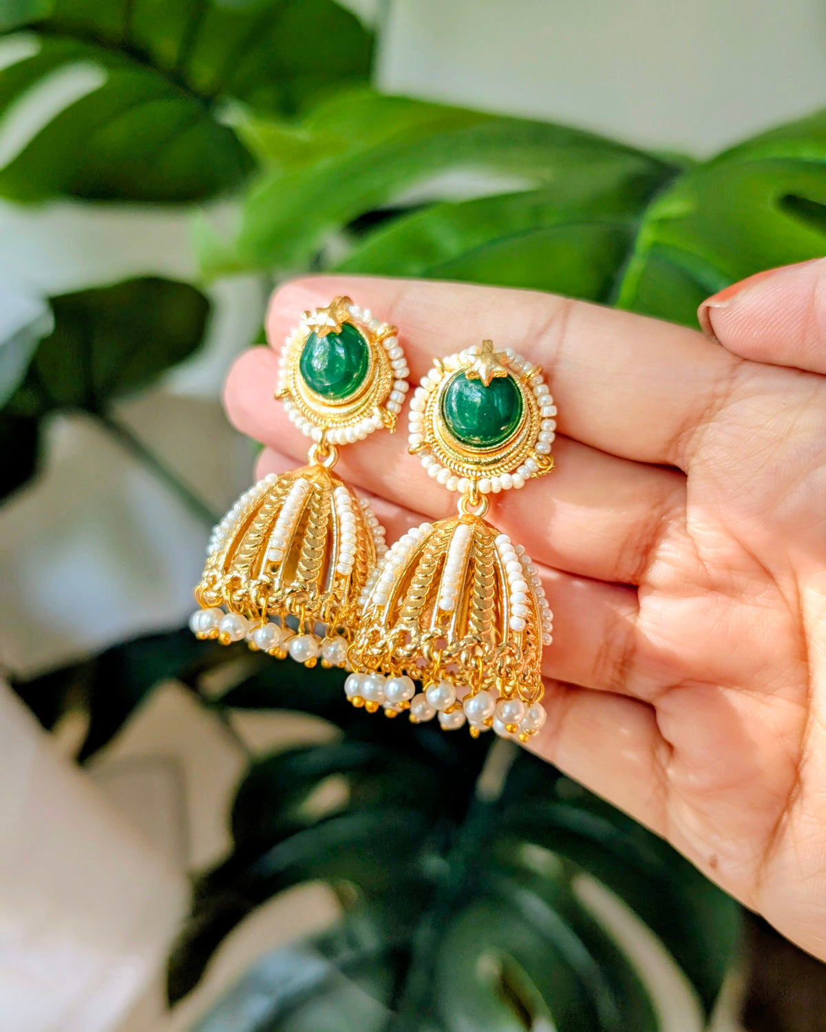 Green Kundan Pearl Jhumka Naina Earrings