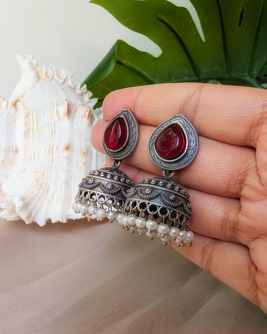Red Statement Oxidized Silver Piyali Jhumki Earrings