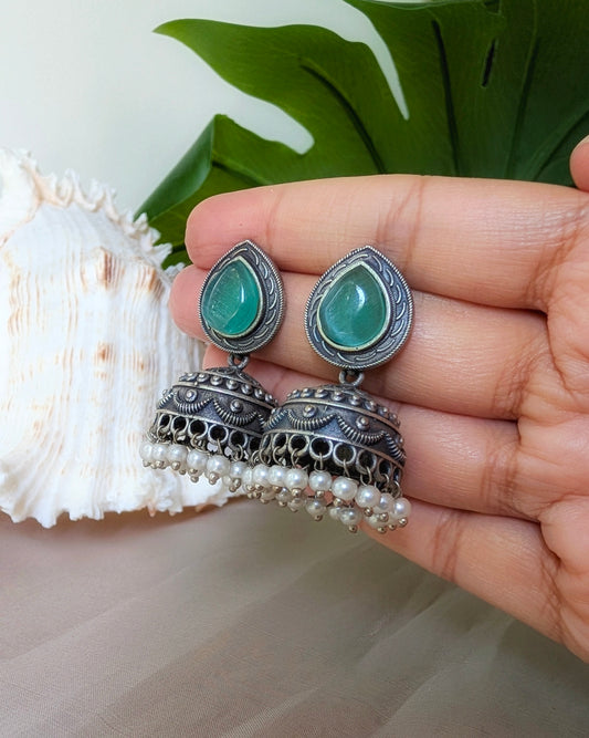 Mint Blue Statement Oxidized Silver Piyali Jhumki Earrings