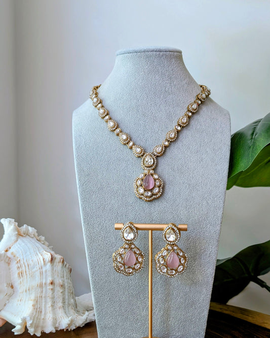 Charu Premium Polki Necklace with Earrings - Pink
