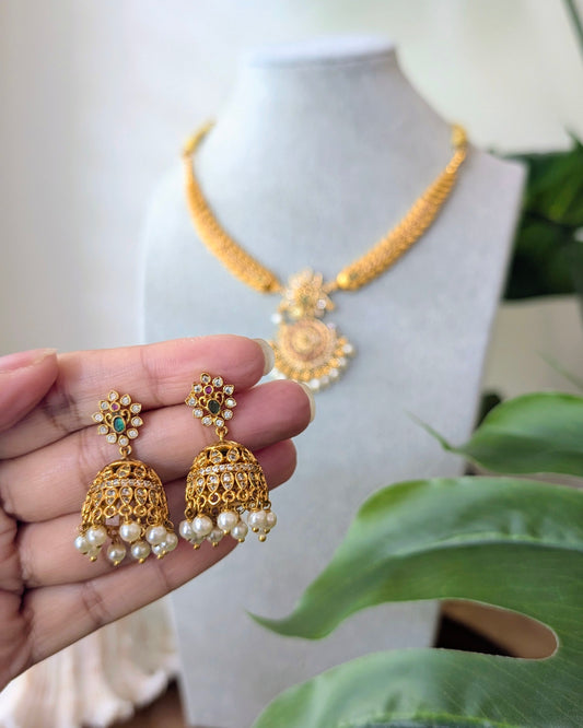 Dainty Golden Necklace with Jhumki Earrings