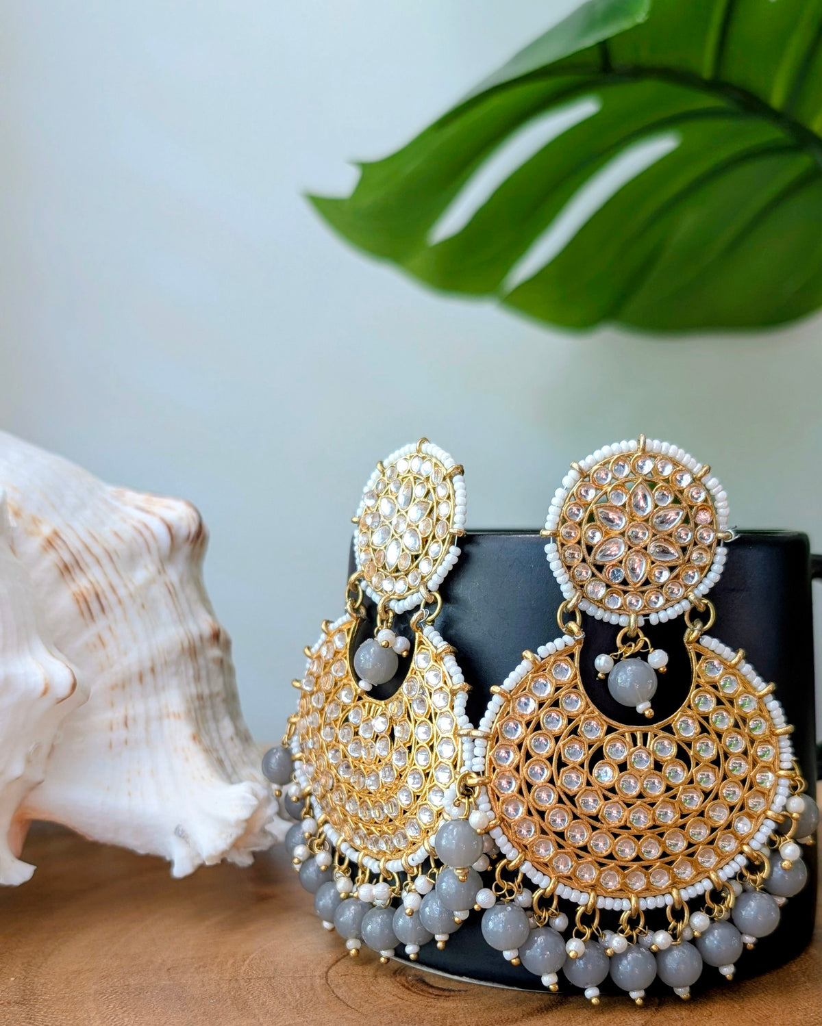 Ramya Lightweight Kundan Chandbali - Gray