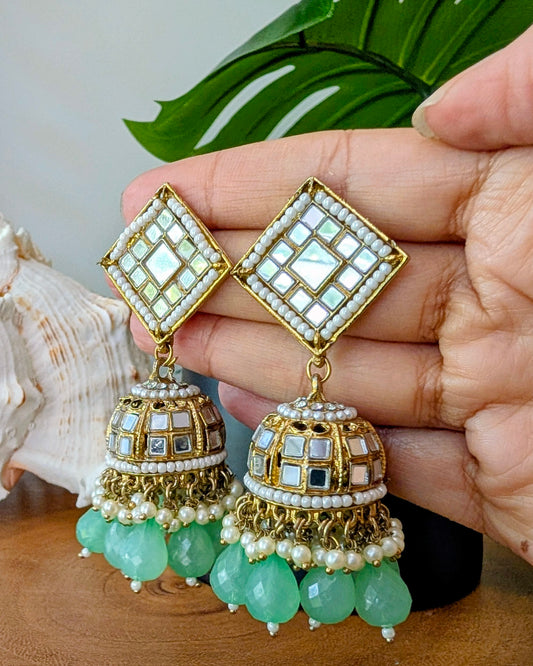 Purva Kundan Mirror Jhumka - Mint