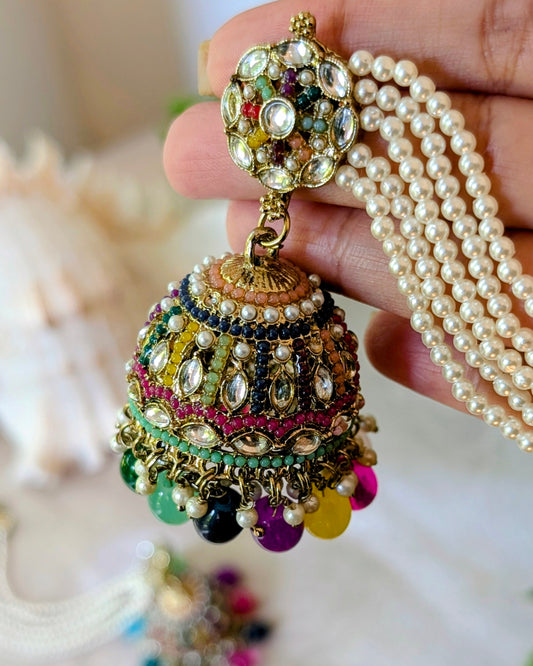 Juhi Multicolored Jadau Jhumka with Earchain