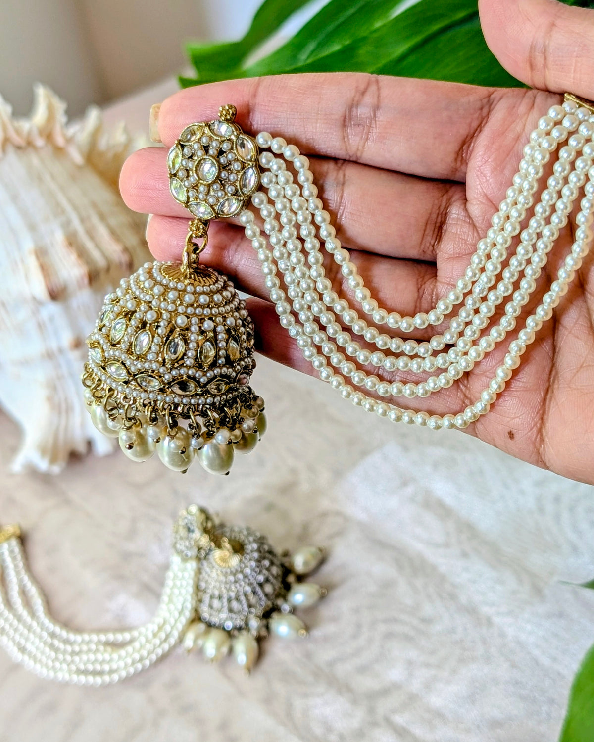 Juhi Jadau Jhumka with Earchain - Golden