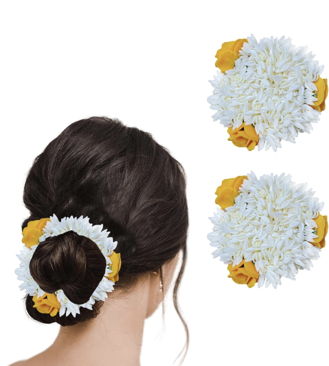 Artificial Jasmine gajras or scrunchie with yellow roses. Can be worn as a hand bracelet or in your hairstyle. Pick-up in Ajax Ontario. Worldwide shipping available. Perfect for wedding, festival jewelry, indian Jewelry, kids jewelry, kundan jewelry, gifting, costume jewelry, fashion jewelry, Eid, Diwali, karwachauth.