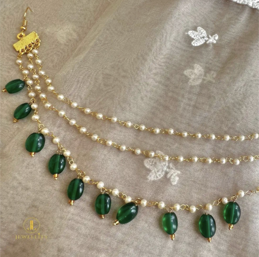Elegant three layer pearl sahare/Ear chain with high quality green beads.