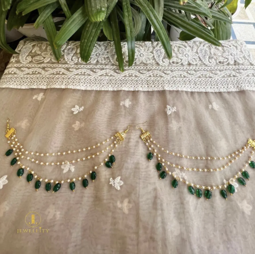 Elegant three layer pearl sahare/Ear chain with high quality green beads.