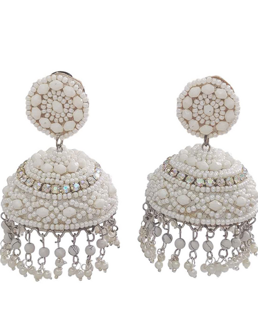 Statement fabric earrings in a traditional jhumka design. White earrings in Ajax, Durham