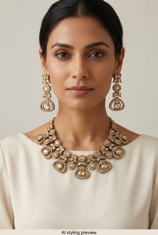 AI styling preview of a model wearing a champagne-stone Polki necklace and matching long earrings in antique gold-tone floral settings with open rounded-triangle drops. Scale is illustrative.