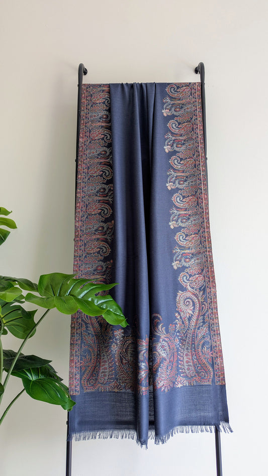 Handmade Pashmina shawls from Kashmir in kani design, very classy and warm blue/gray color with colorful work. Great gift for parents, mothers, mother in law (MIL). Very high quality shawl available in different sizes only at Sufna Canada