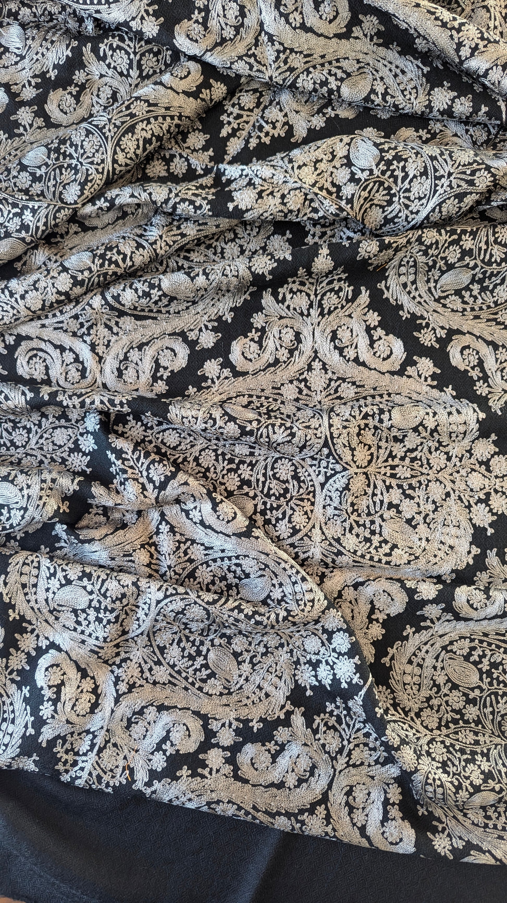 Black color Pure Pashmina shawl with intricate threadwork embroidery. Perfect for both men & women. Gift options, handmade shawls, Indian shawl. Perfect for gifting. Christmas gift, Eid gift. Gifts for women in Ajax