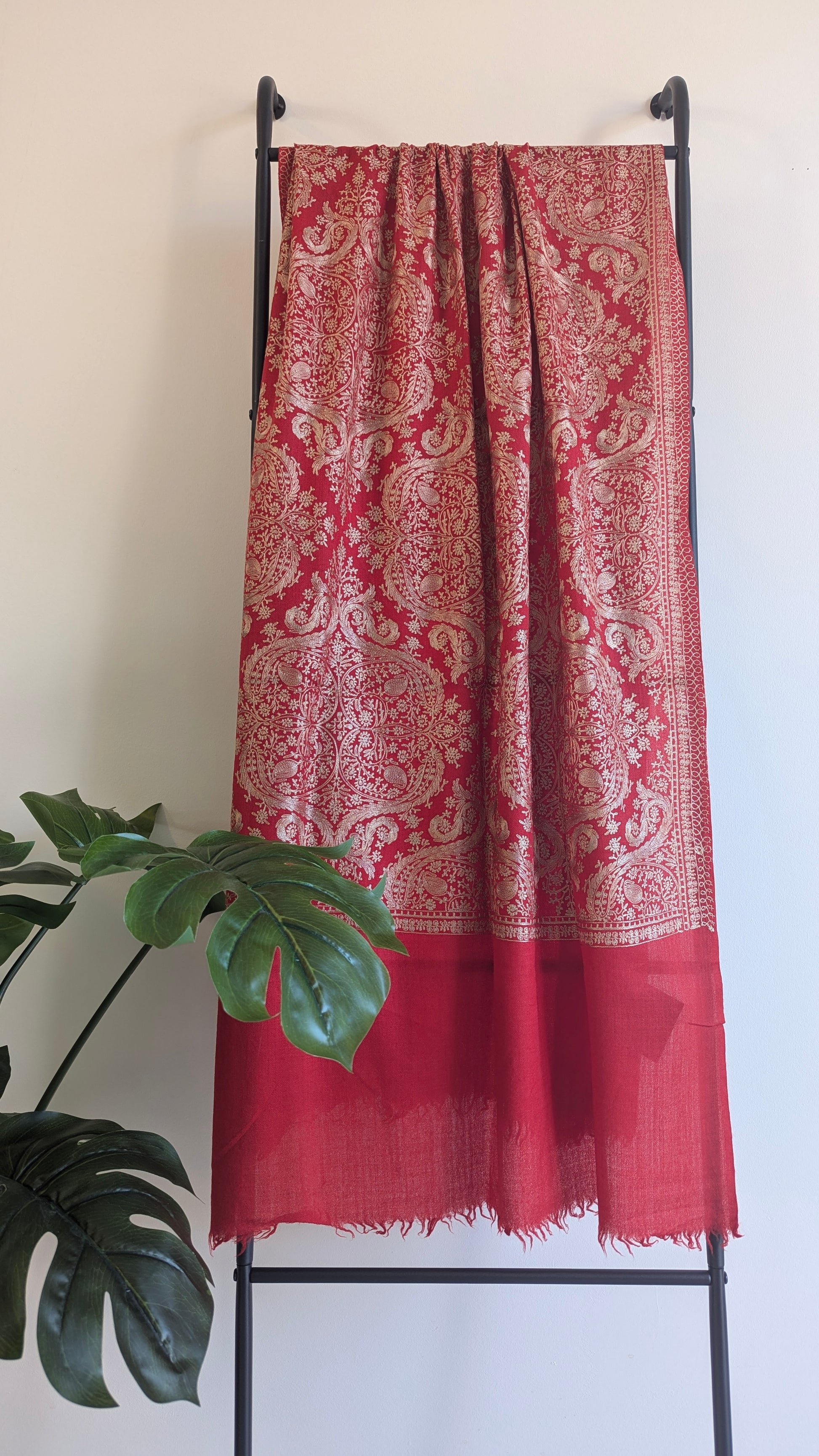Red color Pure Pashmina shawl with intricate Aari threadwork embroidery. Perfect for both men & women. Gift options, handmade shawls, Indian shawl. Perfect for gifting. Christmas gift, Eid gift. Gifts for women in Ajax